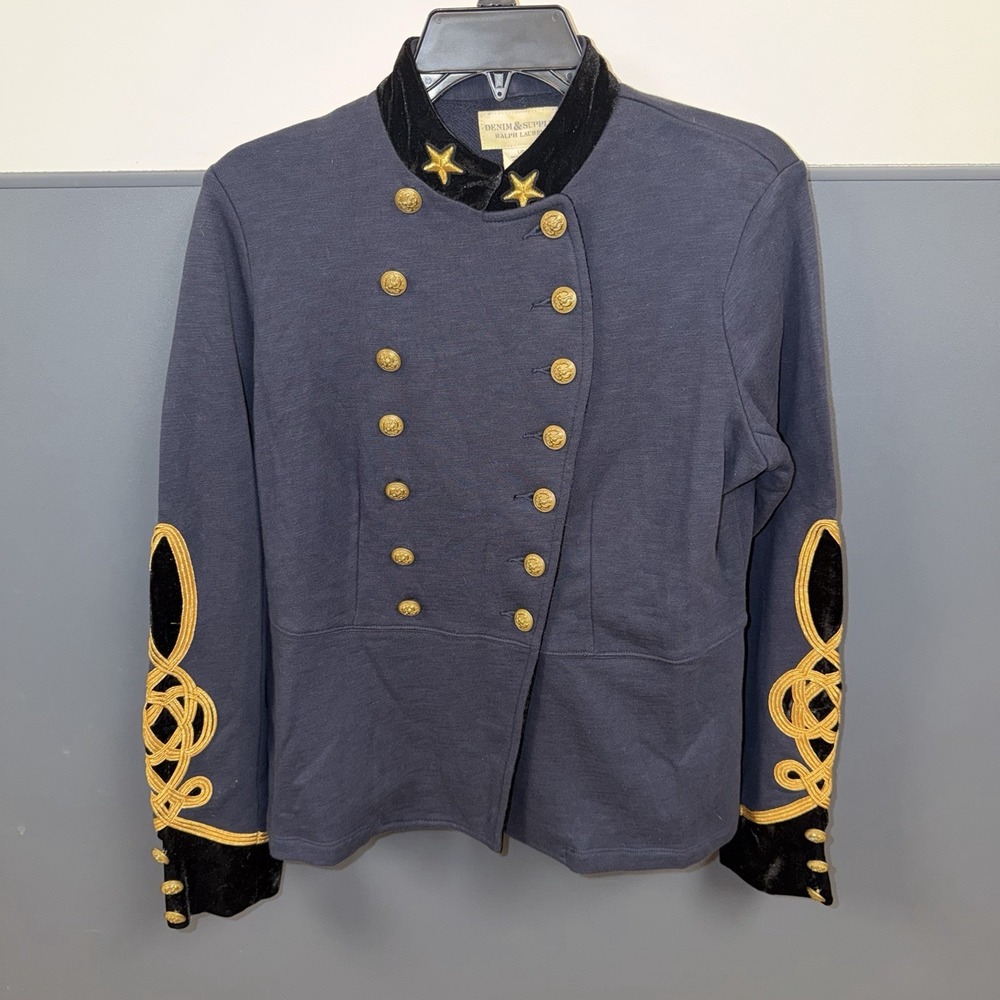 Denim & Supply Ralph Lauren Military Jacket Womens Large Blue Gold Velvet Band